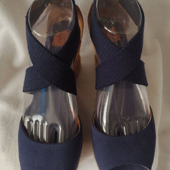 Tory Burch Natanya Wedge Espadrilles 9 Navy Blue Sandals w Elastic Ankle Straps - Picture 8 of 10
